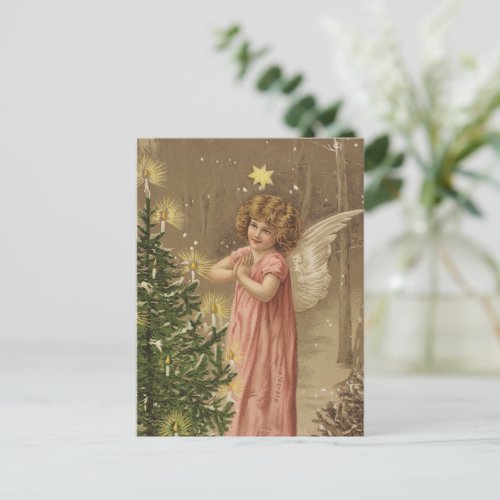 Vintage Christmas Card  Angel and Christmas Tree