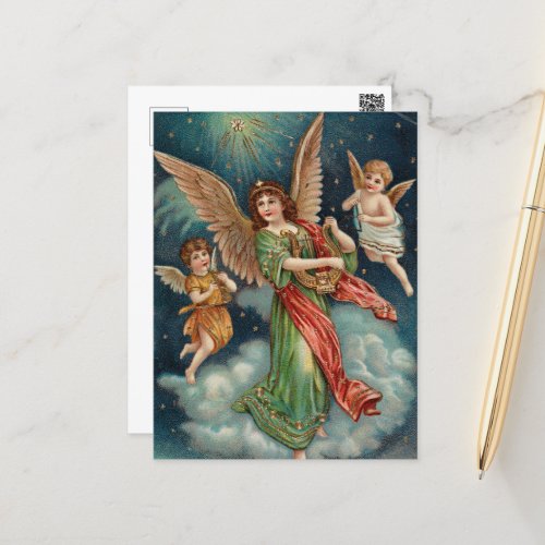Vintage Christmas Card  Angels and Harp