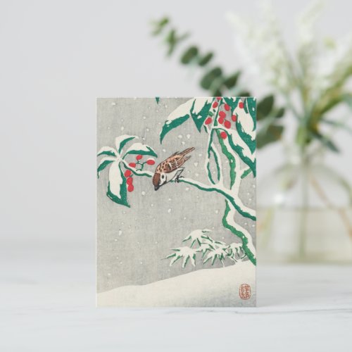 Vintage Christmas Card  Bird in Snow Holly