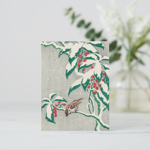 Vintage Christmas Card  Bird in Snow Holly