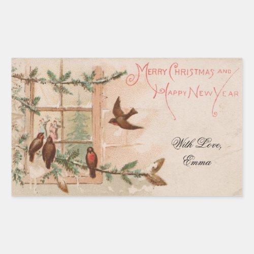 Vintage Christmas Card Birds Window Dancing Couple Rectangular Sticker