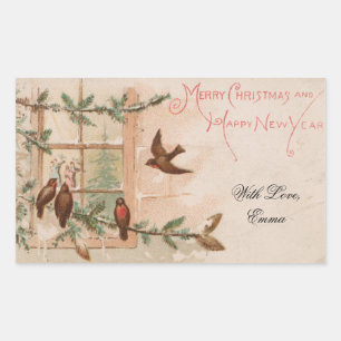 Vintage Christmas Card Birds Window Dancing Couple Rectangular Sticker