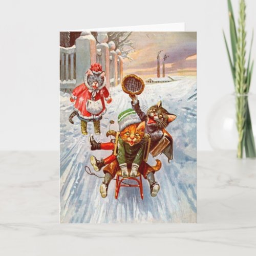 Vintage Christmas Card Cats Sleigh Ride Holiday Card