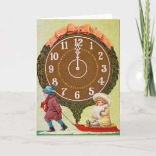Vintage Christmas Card   Children on sleigh