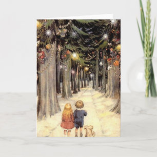 Vintage Christmas Card Children Puppy Blank Inside