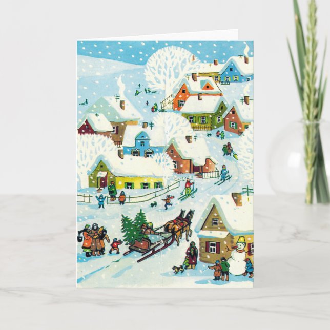 Vintage Christmas Card | Cute Snowy Village (Front)