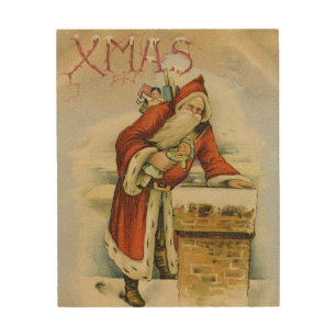 Vintage Christmas card, Father Christmas, Chimney Wood Wall Art