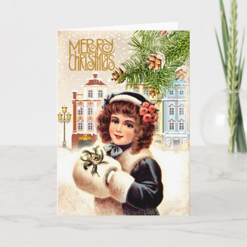 Vintage Christmas Card Girl with fur muff