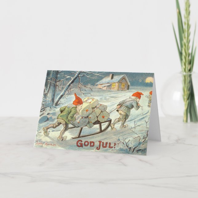 Vintage Christmas Card Gnomes Norway Glædelig Jul (Front)