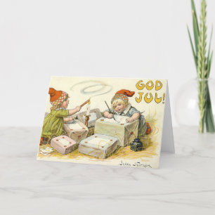 Vintage Christmas Card Gnomes Norway God Jul