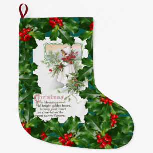 Vintage Christmas Card Holly Berry Christmas Poem Large Christmas Stocking