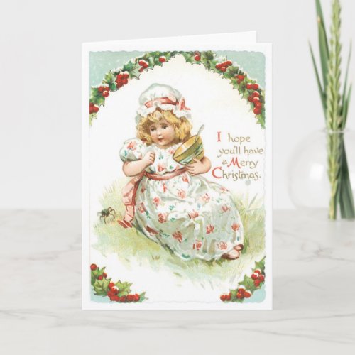 Vintage Christmas Card Mistletoe Blonde Tot Girl