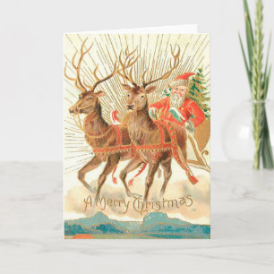 Vintage Christmas Card Santa and his reindeers