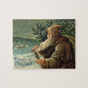 Vintage Christmas Card, Santa Claus and Tree Jigsaw Puzzle