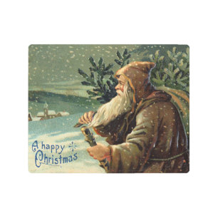 =Vintage Christmas Card, Santa Claus and Tree Metal Print