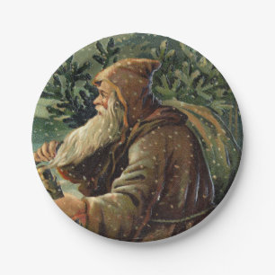 =Vintage Christmas Card, Santa Claus and Tree Paper Plates