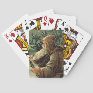 Vintage Christmas Card, Santa Claus and Tree Poker Cards