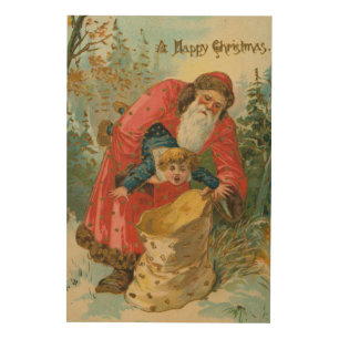 Vintage Christmas Card, Santa Claus, Naughty Child Wood Wall Art