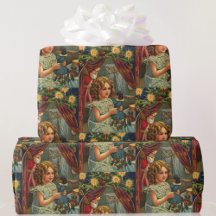 Vintage Christmas Card Santa Girl w Doll