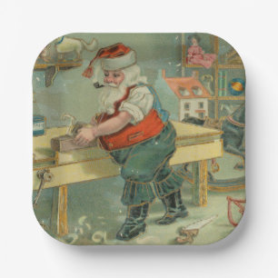 Vintage Christmas Card - Santa in his Workshop Paper Plates