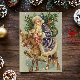 Vintage Christmas Card | Santa on a donkey