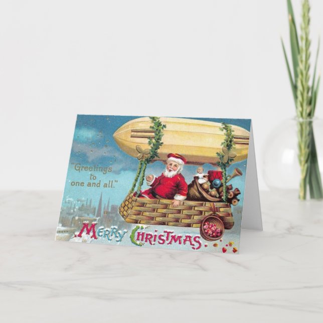 Vintage Christmas Card | Santa on a Zeppelin (Front)