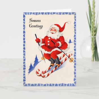 Vintage Christmas Card - Santa On Candy Cane Skis by christmas1900 at Zazzle