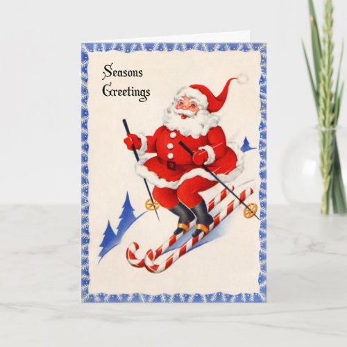 Vintage Christmas Card _ Santa on Candy Cane Skis