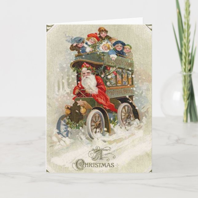 Vintage Christmas Card | Santa vintage automobile (Front)