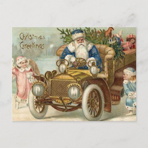 Vintage Christmas Card  Santa vintage car Cherubs