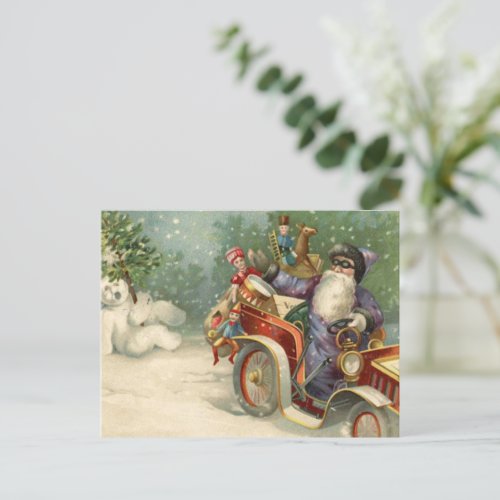 Vintage Christmas Card  Santa vintage car Snowman