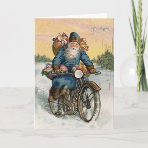 Vintage Christmas Card  Santa vintage motorcycle