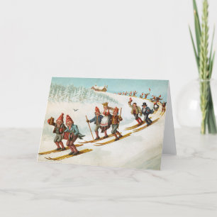 Vintage Christmas Card Village Gnomes Ski Norway