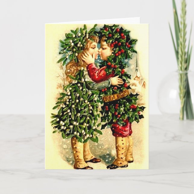Vintage Christmas Card with a Kiss (Front)