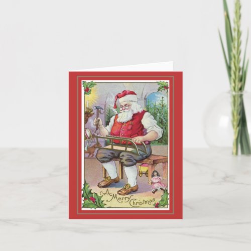 Vintage Christmas Card with Carpenter Santa Clause