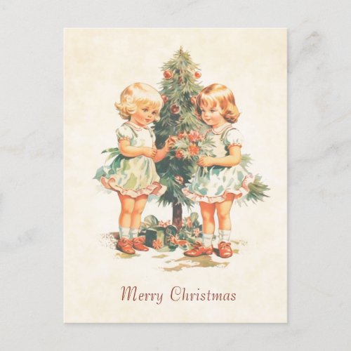 Vintage Christmas Card with Children and Fir Tree