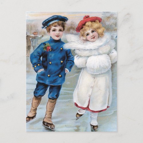 Vintage Christmas Card with Children Ice Skating