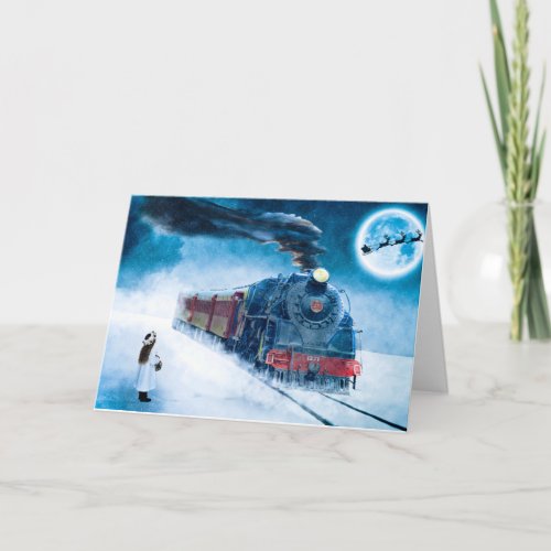 Vintage Christmas card with Girl And Train