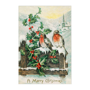 Vintage Christmas Card with Robins, Holly, Church Acrylic Print