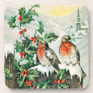 Vintage Christmas Card with Robins, Holly, Church Beverage Coaster