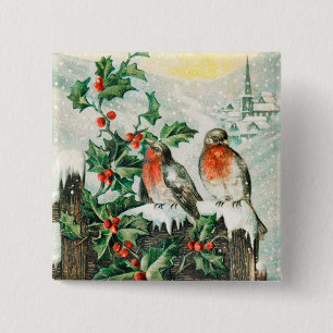Vintage Christmas Card with Robins, Holly, Church Button
