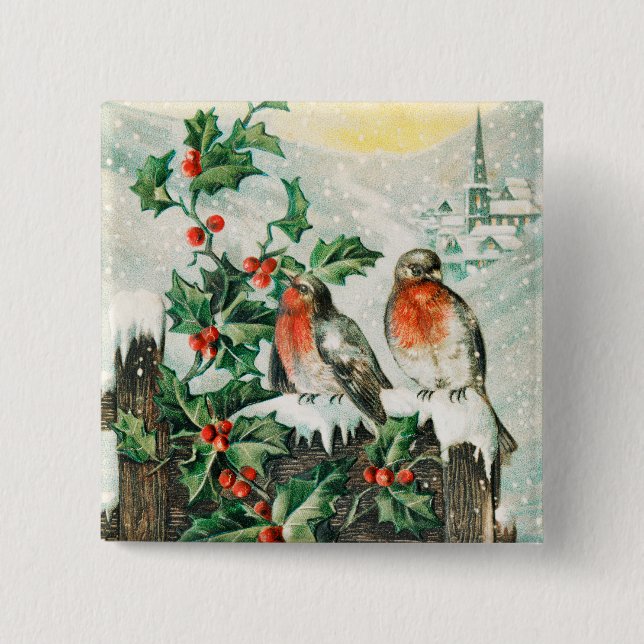 Vintage Christmas Card with Robins, Holly, Church Button (Front)