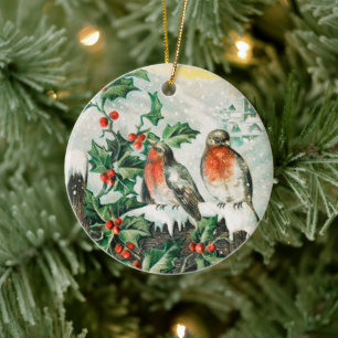 Vintage Christmas Card with Robins, Holly, Church Ceramic Ornament