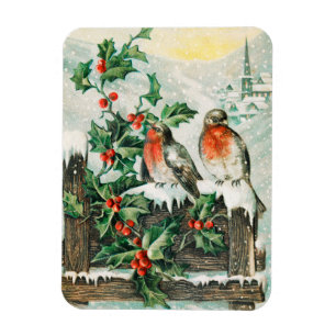 Vintage Christmas Card with Robins, Holly, Church Magnet