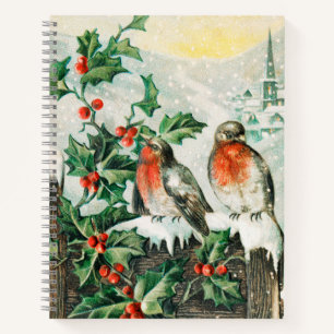 Vintage Christmas Card with Robins, Holly, Church Notebook