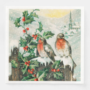 Vintage Christmas Card with Robins, Holly, Church Paper Dinner Napkins