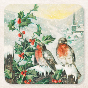 Vintage Christmas Card with Robins, Holly, Church Square Paper Coaster