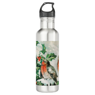 Vintage Christmas Card with Robins, Holly, Church Stainless Steel Water Bottle