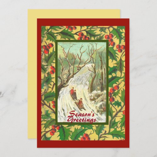 Vintage Christmas Card with Sledding and Holly 