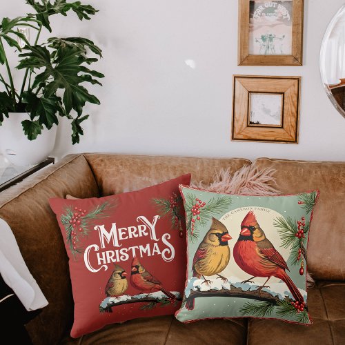 Vintage Christmas Cardinal Birds and Holly Throw Pillow
